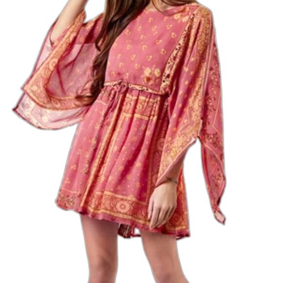 NWT Label Ritu Kumar 100% Viscose Pink Floral Sakshki Mini Dress Split Sleeve M - Picture 1 of 11